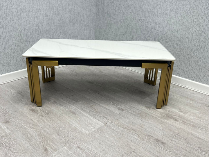 Sorrento 150cm Gold Dining Table with White Ceramic Marble Top + Cream/Gold  Ring Knocker Velvet Chairs