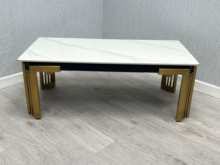 Sorrento 180cm Gold Dining Table with White Ceramic Marble Top + Cream/Gold Lion Knocker Velvet Chairs