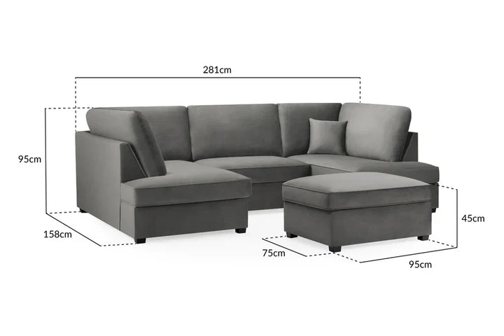 Carnaby Sofa Plush Grey Velvet U Shape Corner Sofa