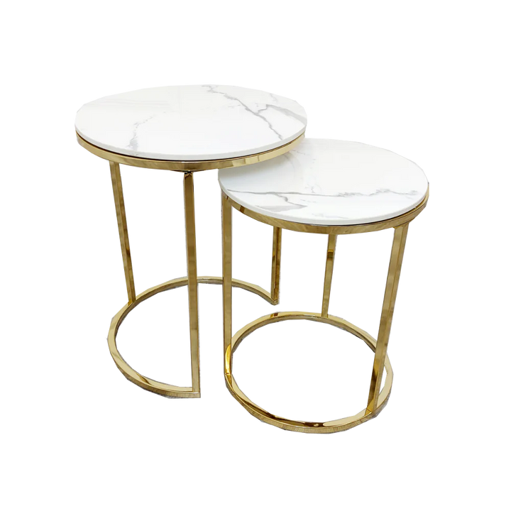 Cato Nest of 2 Tall Gold End Tables with Polar White Sintered Stone Tops-Esme Furnishings