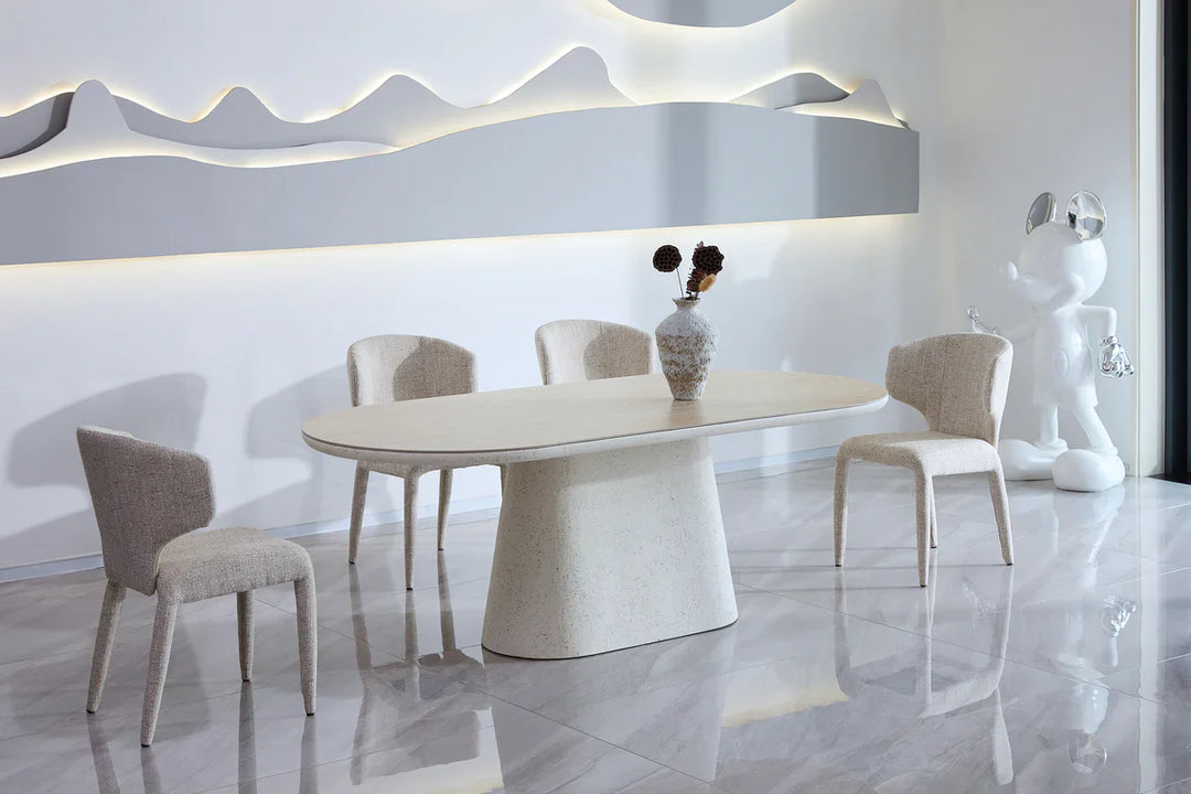 Celine 200cm Oval Ivory & Travertine Ceramic Marble Dining Table