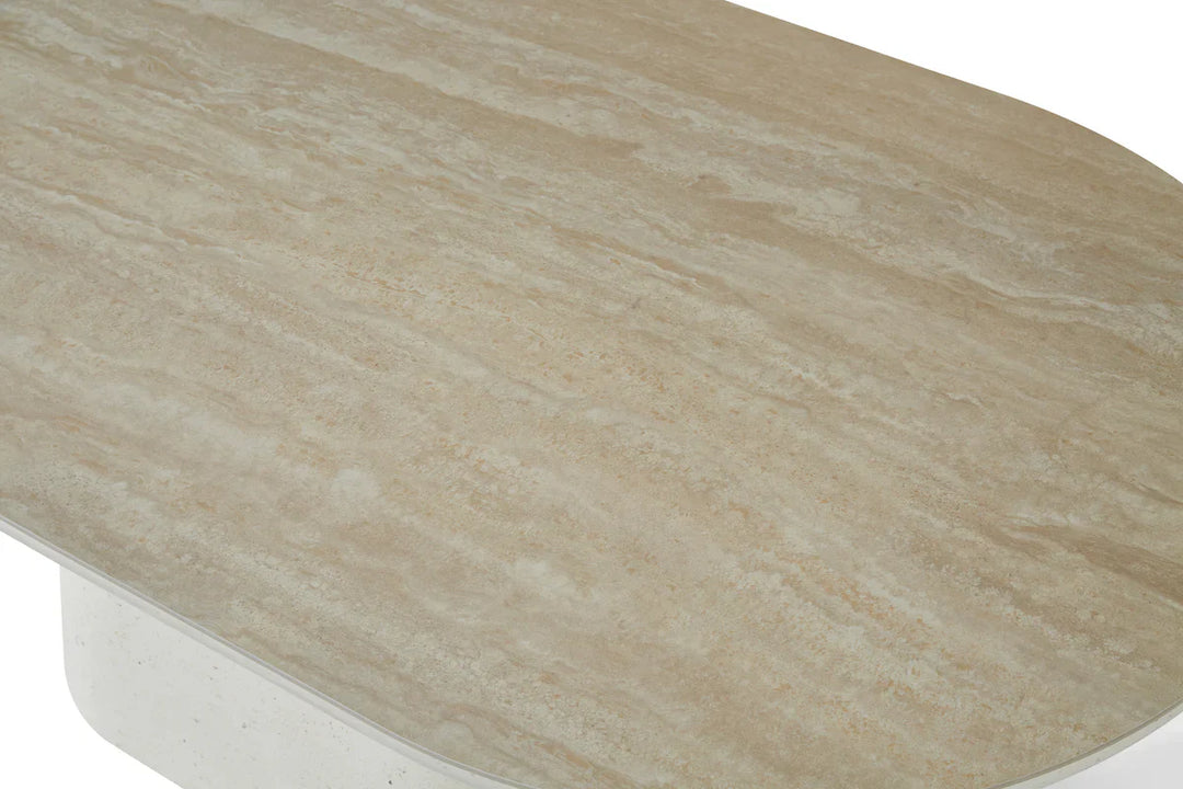 Celine 200cm Oval Ivory & Travertine Ceramic Marble Dining Table
