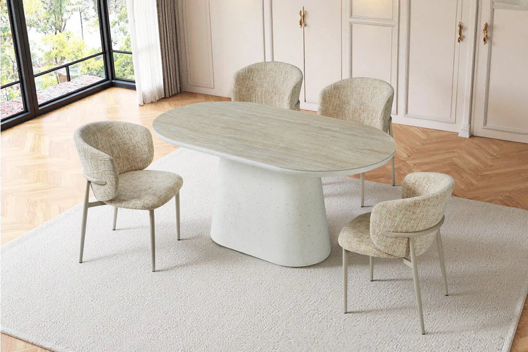Celine 160cm Oval Ivory & Travertine Ceramic Marble Dining Table