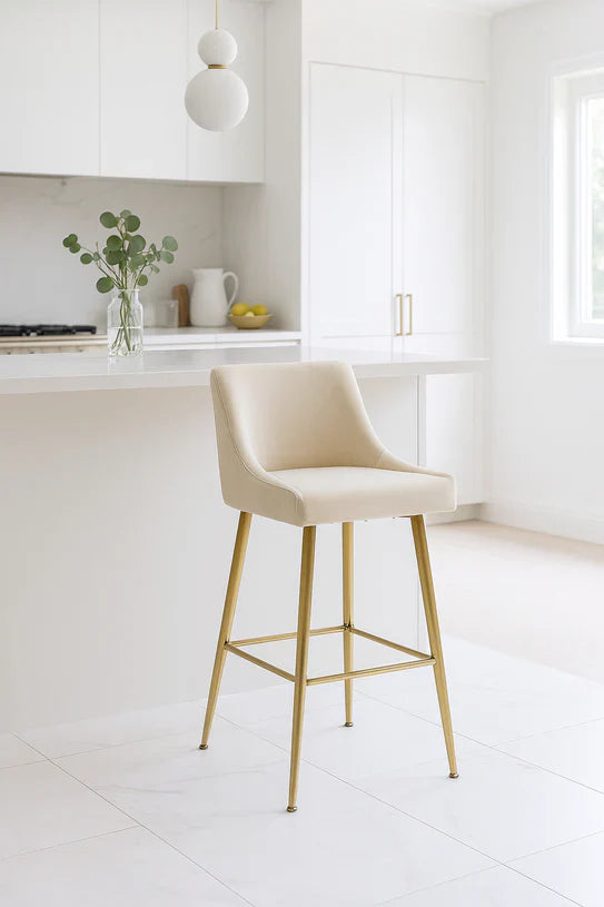 Milano Cream Ivory Ribbed Velvet Bar Stools Gold Legs