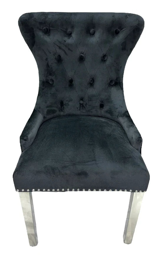 Chelsea Lion Knocker Plain Back Tufted Plush Velvet Dining Chair Chrome Legs - 3 Colours-Esme Furnishings