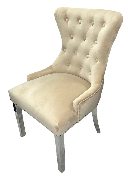 Chelsea Lion Knocker Plain Back Tufted Plush Velvet Dining Chair Chrome Legs - 3 Colours-Esme Furnishings