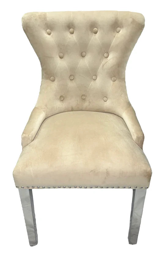 Chelsea Lion Knocker Plain Back Tufted Plush Velvet Dining Chair Chrome Legs - 3 Colours-Esme Furnishings