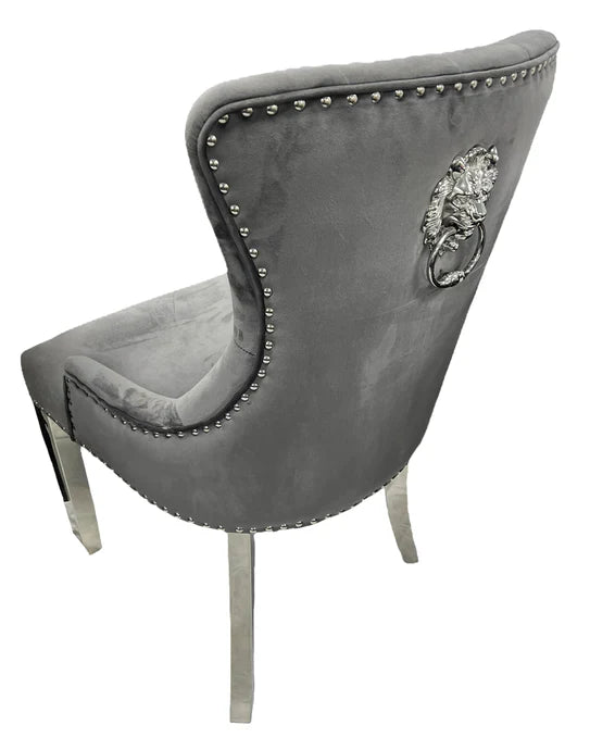 Louis 130cm Grey Marble Round Dining Table + Grey Lion Knocker Chairs