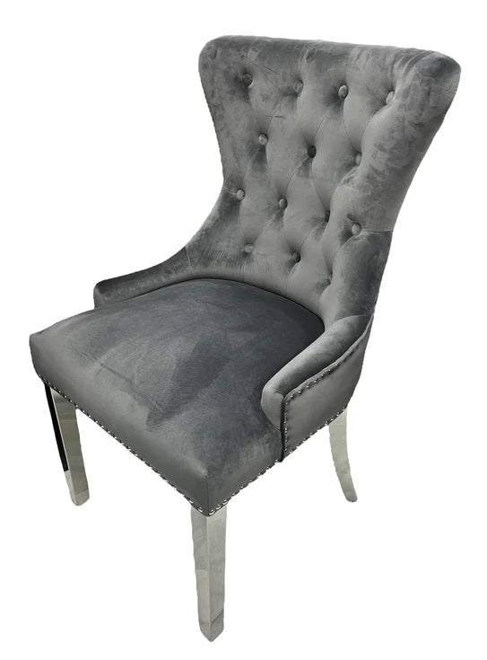Chelsea Lion Knocker Plain Back Tufted Plush Velvet Dining Chair Chrome Legs - 3 Colours-Esme Furnishings