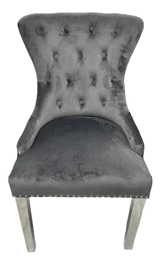 Chelsea Lion Knocker Plain Back Tufted Plush Velvet Dining Chair Chrome Legs - 3 Colours-Esme Furnishings