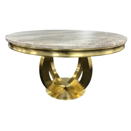 Chelsea Gold 130cm Marble Round Dining Table With Florence High Back Dining Chairs Gold Legs