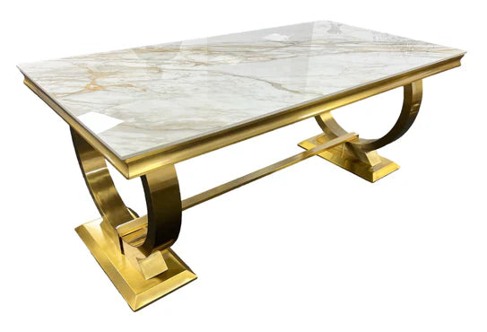 Arianna Marble & Gold Dining Table With Victoria Quilted Gold Lion Knocker Velvet Chairs