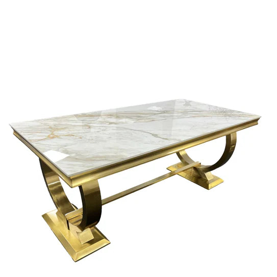 Arianna Marble & Gold Dining Table With Victoria Quilted Gold Lion Knocker Velvet Chairs