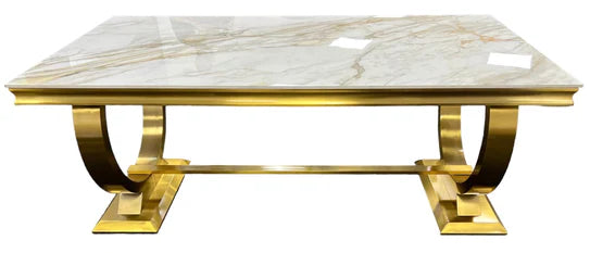 Arianna Marble & Gold Dining Table With Victoria Quilted Gold Lion Knocker Velvet Chairs