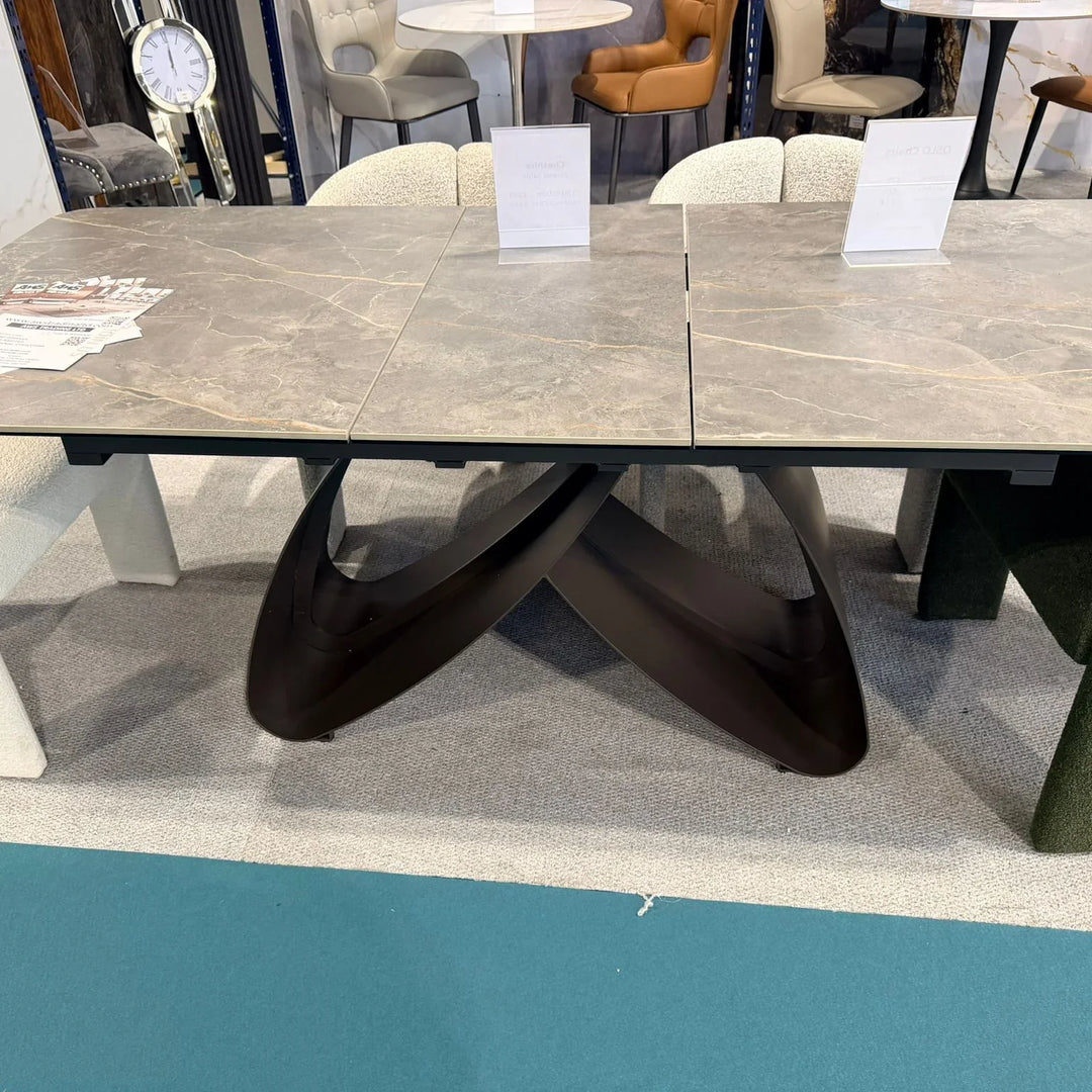 Carra 120-150cm Grey/Gold Ceramic Marble Extending Dining Table With Oscar Scroll Back Velvet Chairs