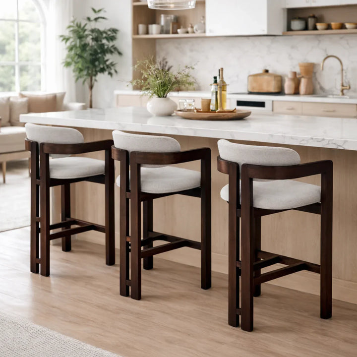 Clara Walnut Dark Wooden Ivory Boucle Fabric Bar Stool