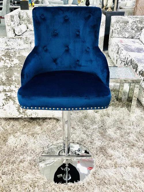 Majestic Blue Brushed Velvet Bar Stool With Lion Knocker-Esme Furnishings