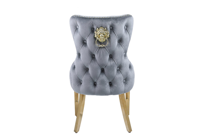 Louis Pandora Cream Gold Marble Dining Table With Victoria Gold Lion Knocker Velvet Chairs