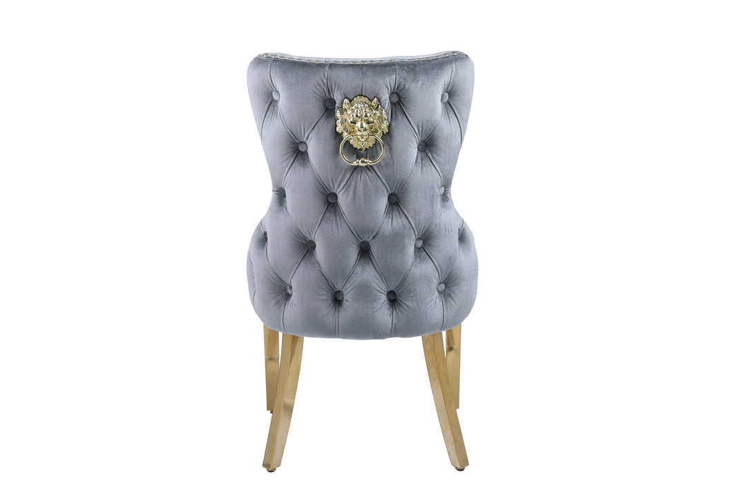 Louis 160cm Marble & Gold Dining Table With Victoria Gold Lion Knocker Velvet Chairs