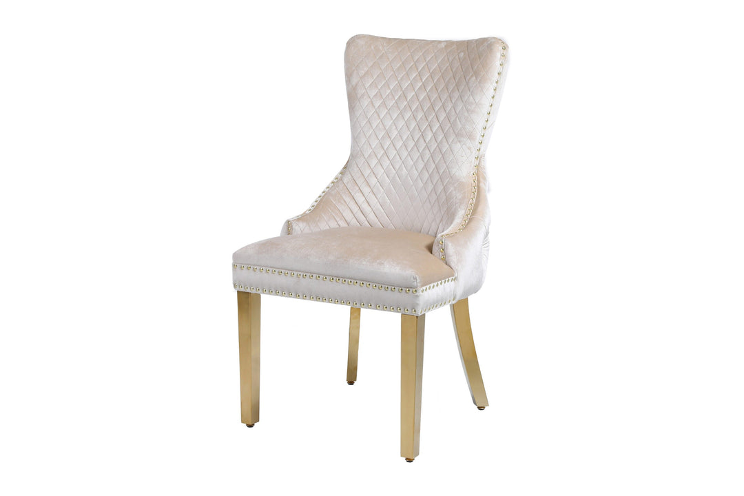Arianna Marble & Gold Dining Table With Victoria Quilted Gold Lion Knocker Velvet Chairs