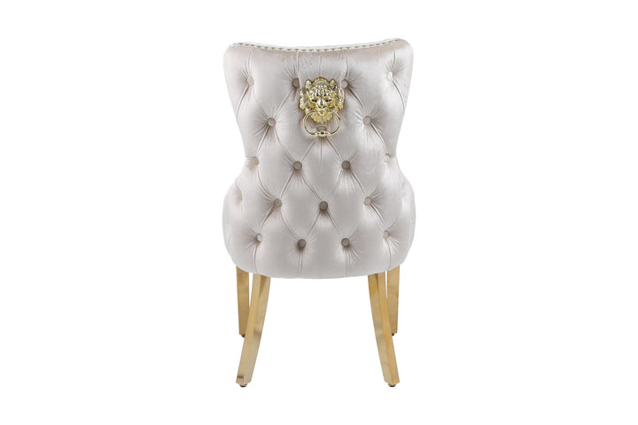 Orion 180cm White/Gold Dining Table With Victoria Lion Knocker Velvet Gold Chairs