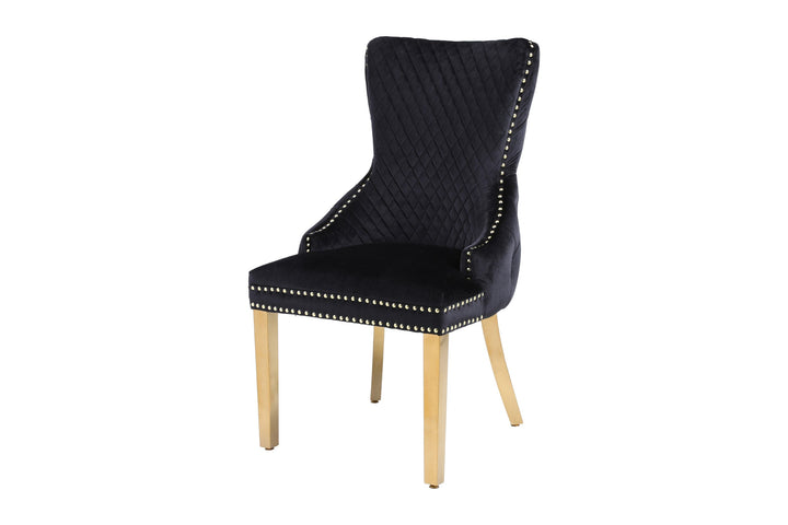 Louis Marble & Gold Dining Table With Valente Gold Button Lion Knocker Velvet Chairs