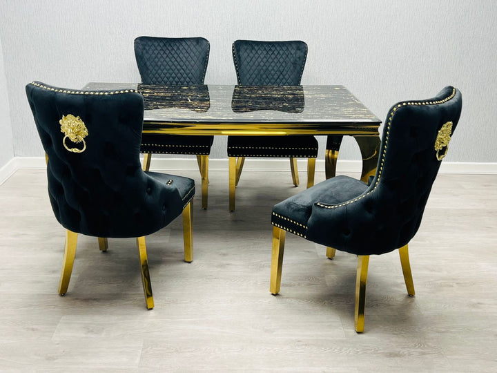 Louis Gold Black Marble Dining Table With Shimmer Black / Gold Lion Knocker Dining Chairs