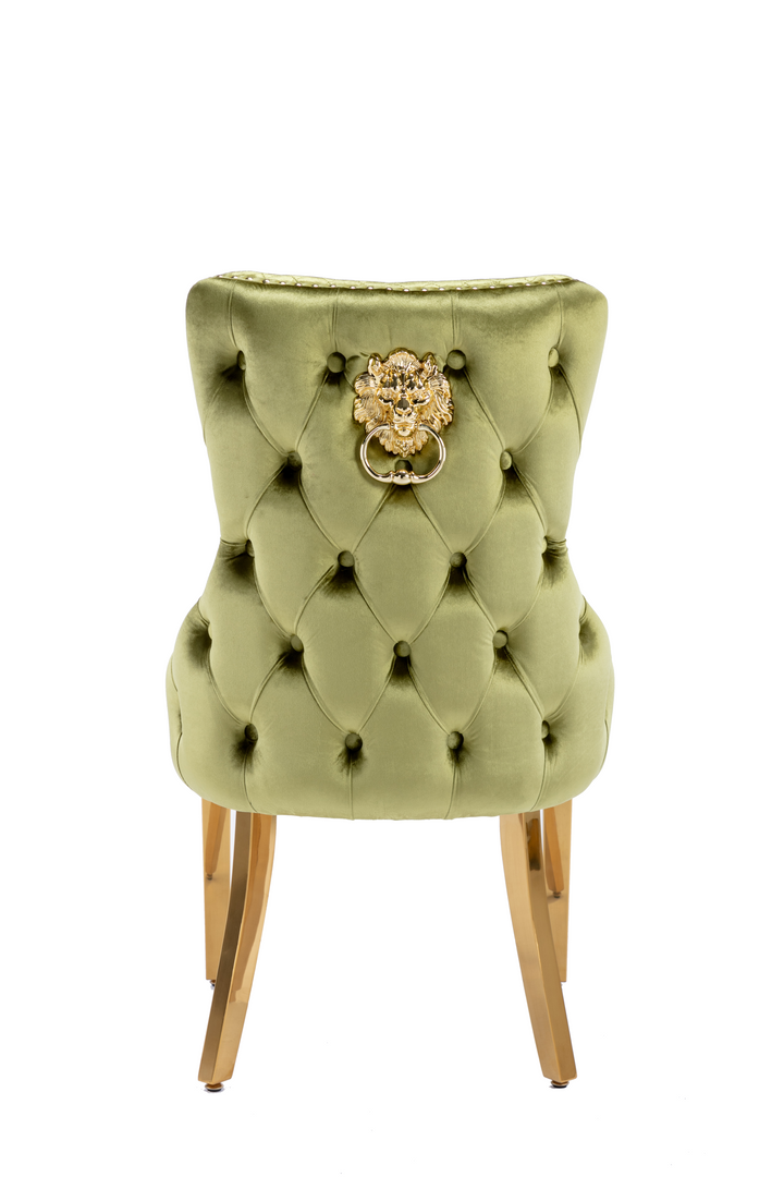 Elina 180cm Gold Dining Table With Victoria Lion Knocker Velvet Gold Chairs