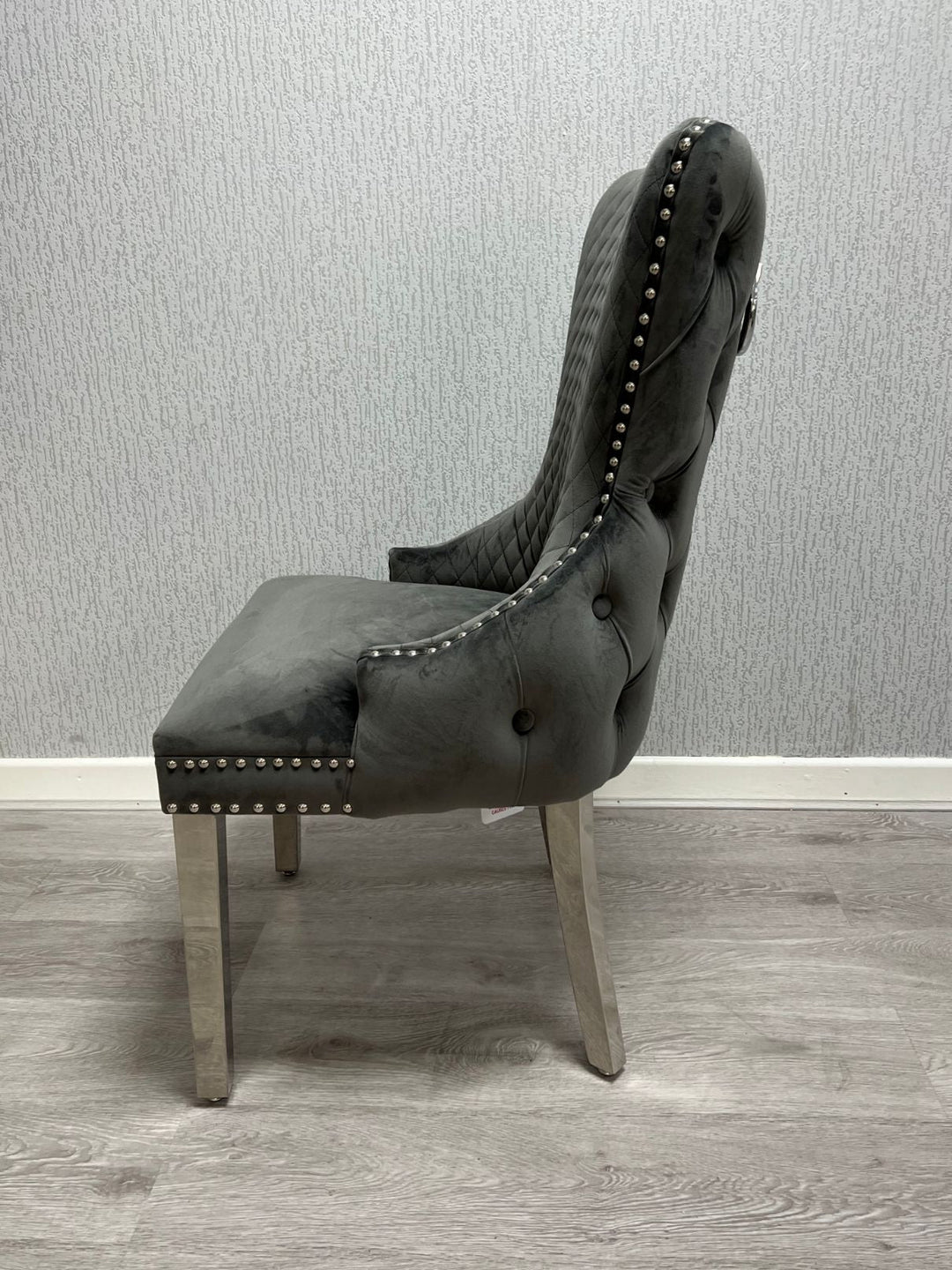 Victoria Dark Grey Chrome Ring Knocker Button Back Plush Velvet Chair