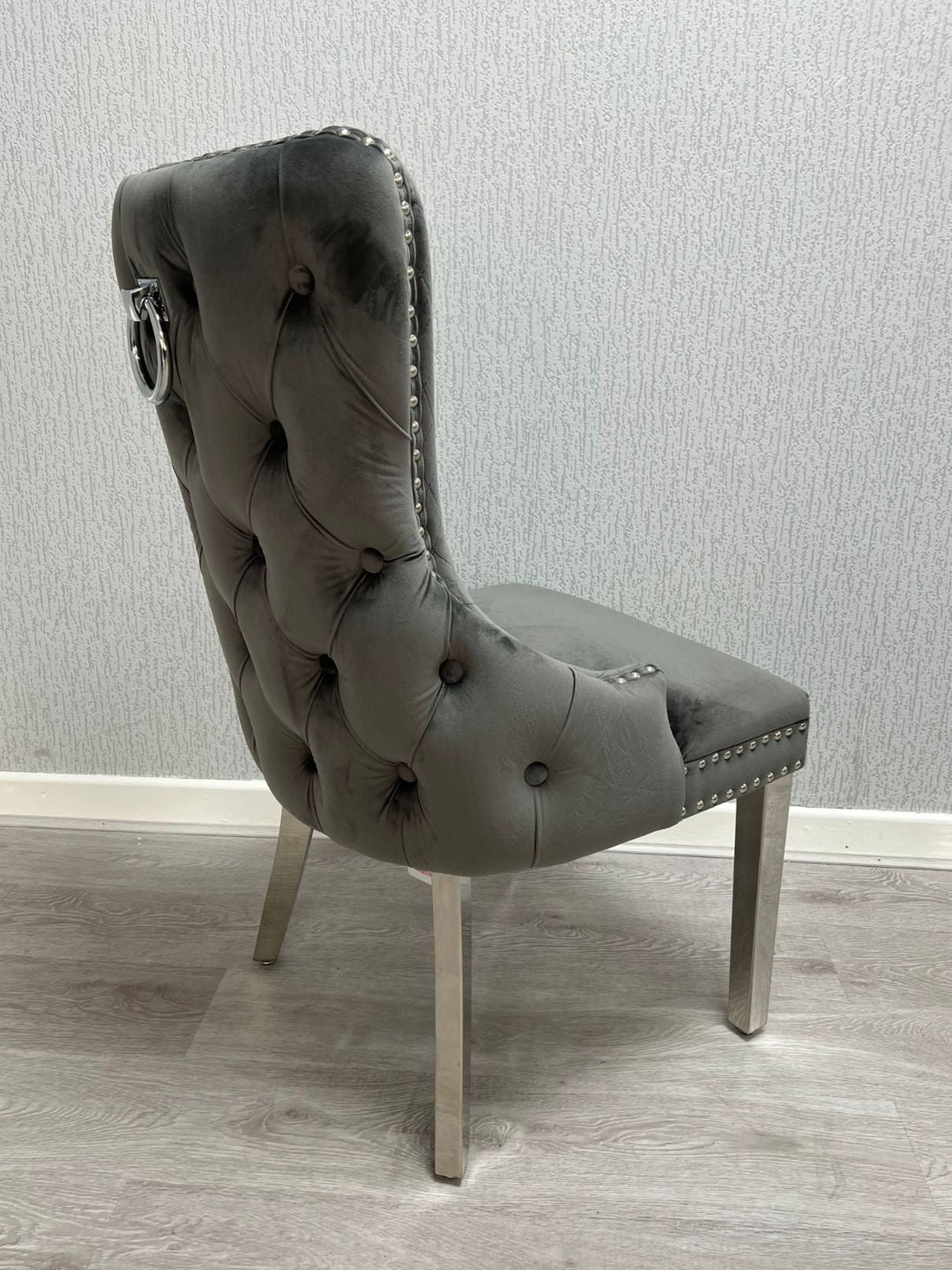 Victoria Dark Grey Chrome Ring Knocker Button Back Plush Velvet Chair