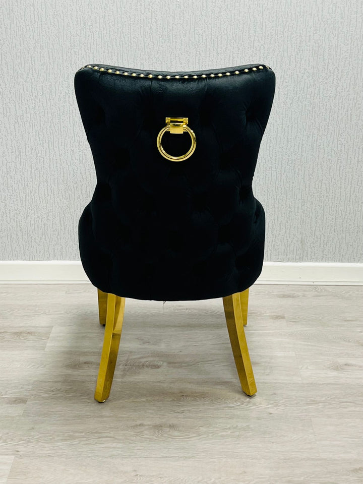 Arial Marble & Gold Dining Table With Victoria Quilted Ring Knocker Dining Chairs Gold Legs