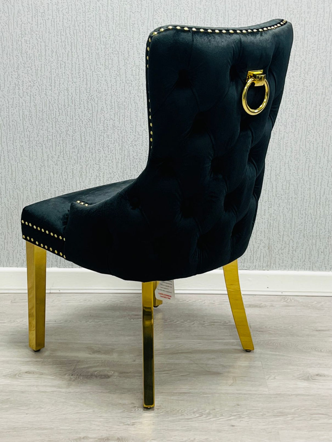Arial Marble & Gold Dining Table With Victoria Quilted Ring Knocker Dining Chairs Gold Legs