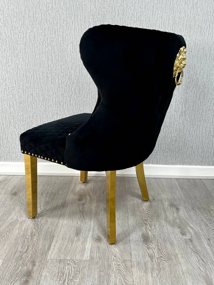 Louis Gold Round Marble 110cm Dining Table With Valentino Gold Lion Knocker Velvet Dining Chairs