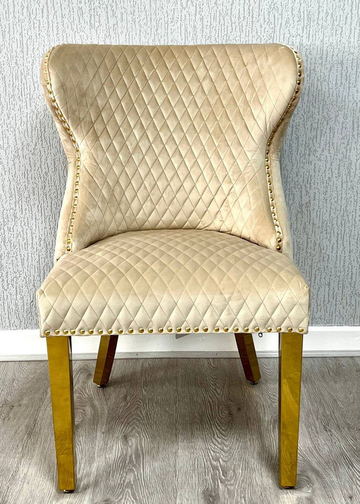 Louis Gold Round Marble 110cm Dining Table With Valentino Gold Lion Knocker Velvet Dining Chairs