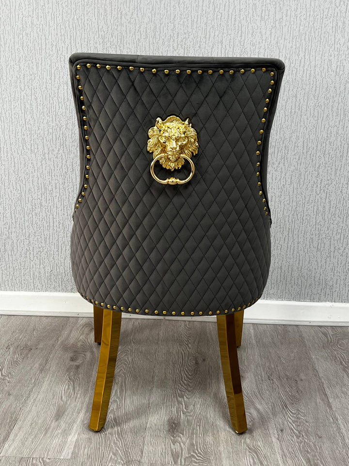 Louis Marble & Gold Dining Table With Quilted Gold Lion Knocker Velvet Chairs