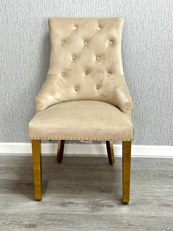 Louis Marble & Gold Dining Table With Quilted Gold Lion Knocker Velvet Chairs