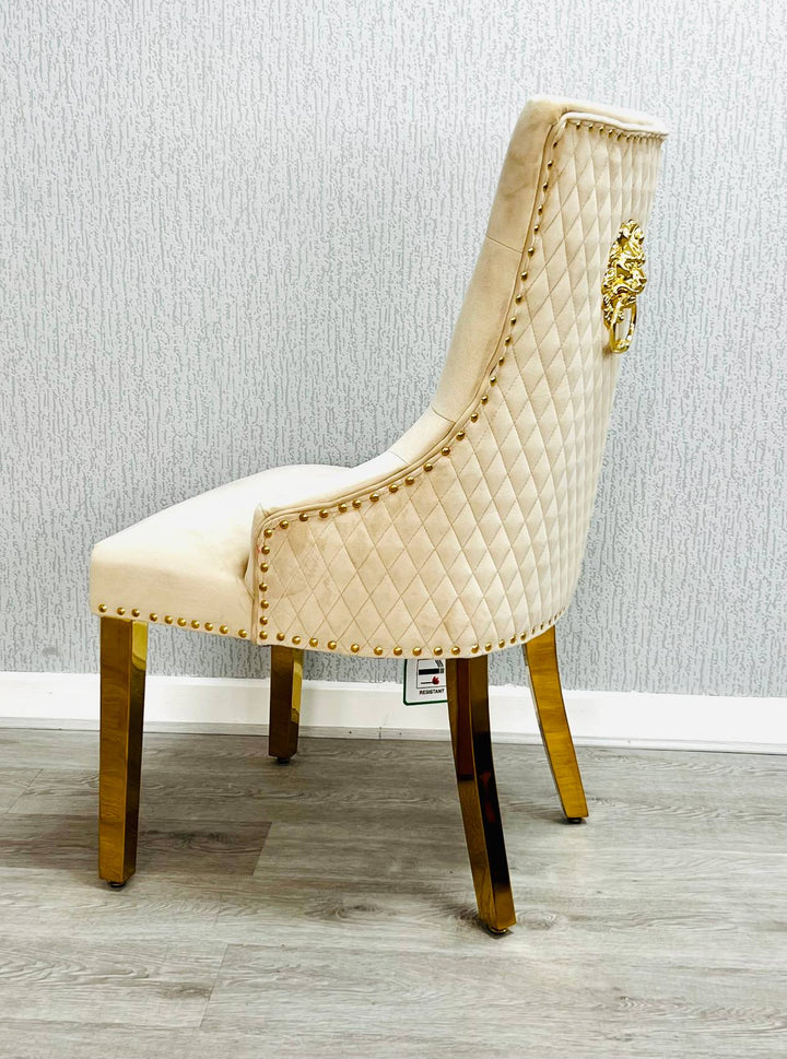 Louis Marble & Gold Dining Table With Quilted Gold Lion Knocker Velvet Chairs