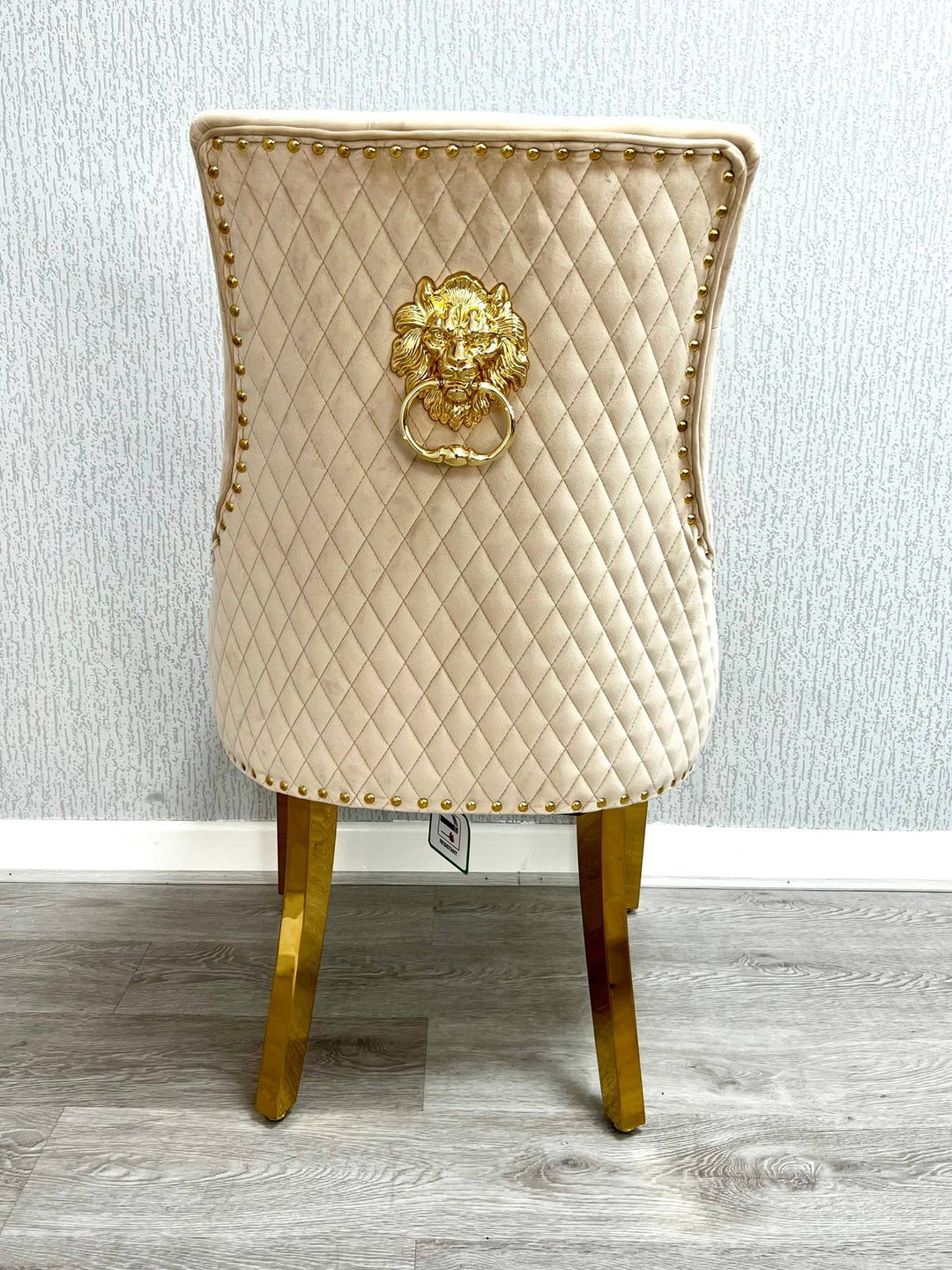 Louis Marble & Gold Dining Table With Quilted Gold Lion Knocker Velvet Chairs