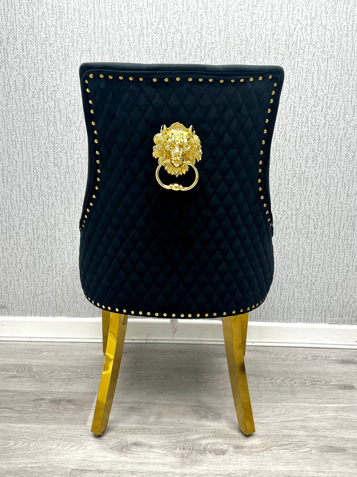 Louis Marble & Gold Dining Table With Quilted Gold Lion Knocker Velvet Chairs