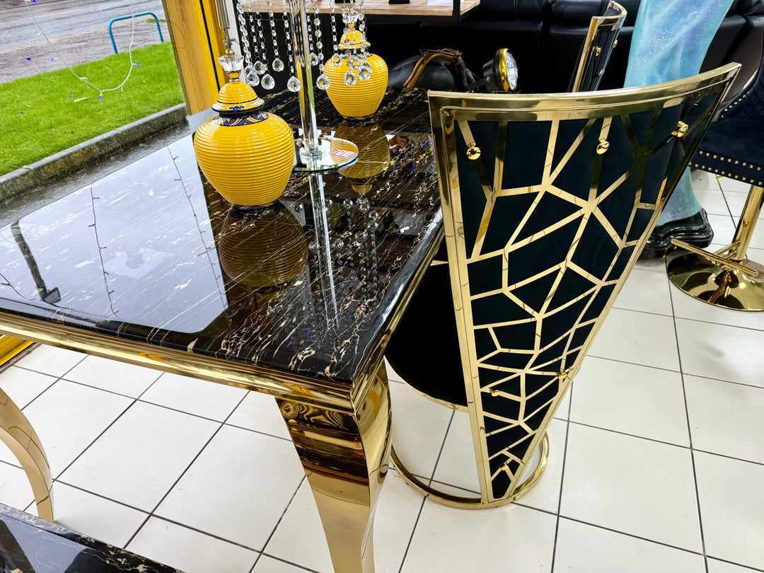 Louis Marble & Gold Dining Table With Florence High Back Velvet Chairs