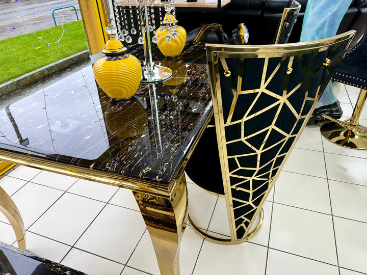 Louis Marble & Gold Dining Table With Florence High Back Velvet Chairs