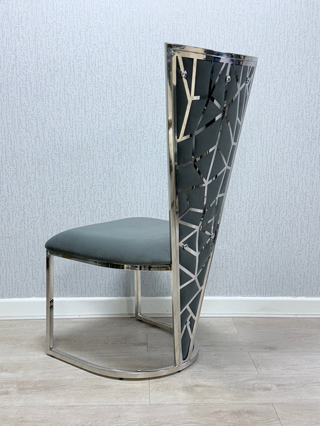 Elina 180cm Chrome Grey Marble Dining Table With Florence High Back Velvet Chrome Chairs