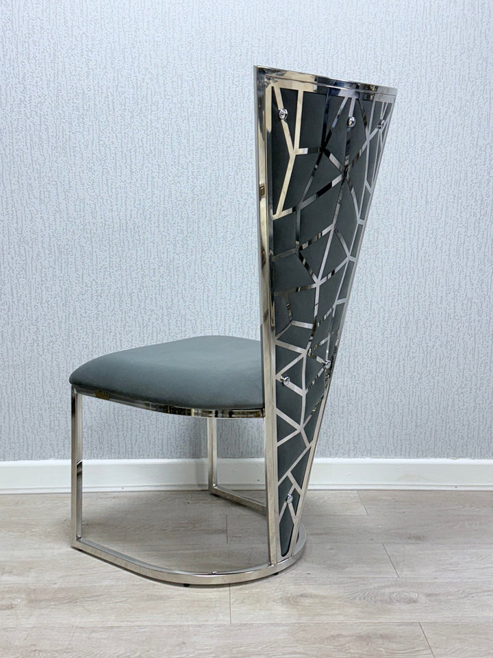 Elina 180cm Chrome Grey Marble Dining Table With Florence High Back Velvet Chrome Chairs