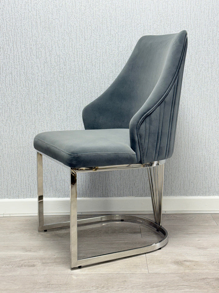 Elina 180cm Marble & Chrome Dining Table With Carlton Grey Velvet Chrome Chairs