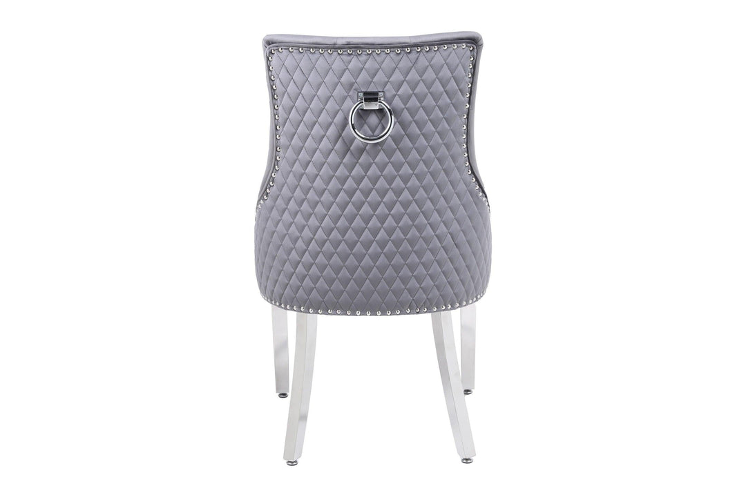 Majestic Round Chrome Ring Knocker Grey Plush French Velvet Dining Chair-Esme Furnishings