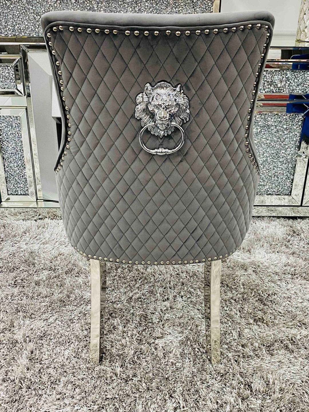Louis Grey Round 110cm Marble Dining Table + Grey Lion Knocker Velvet Dining Chairs