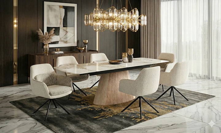 Monaco Pandora Beige 160-240cm Extending Ceramic Marble Dining Table With Florence Beige Velvet 360 Swivel Chairs