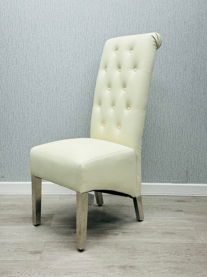 Lucy PU Lion Knocker Quilted Emma Slim Cream White Leather Dining Chair Chrome Legs