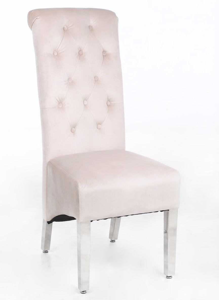 Sophia Cream French Velvet Lion Knocker Quilted Dining Chair With Chrome Legs-Esme Furnishings
