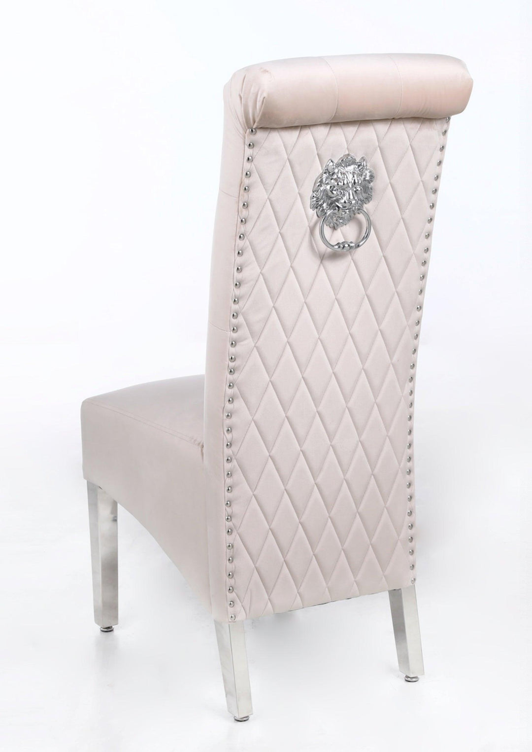 Sophia Cream French Velvet Lion Knocker Quilted Dining Chair With Chrome Legs-Esme Furnishings